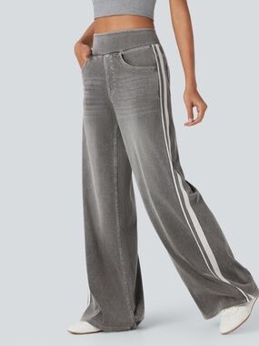 NWT Halara Flex™ High Waisted Stripe Wide Leg Flowy Washed Casual Jeans L F33